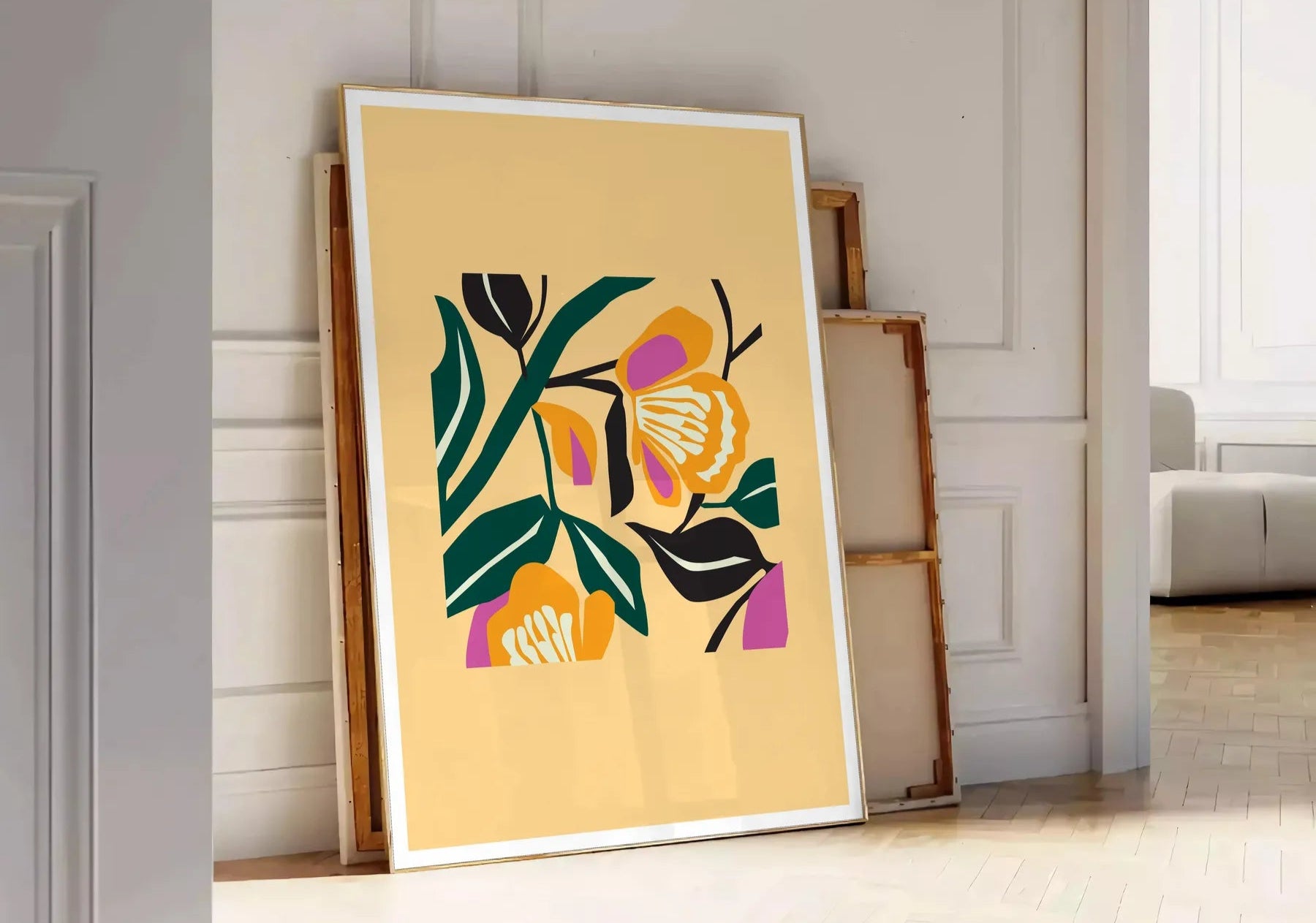 space botanical poster vibrant yellow bold black hues wall art unique gift artwork nature charm room sizes A4 cm A0